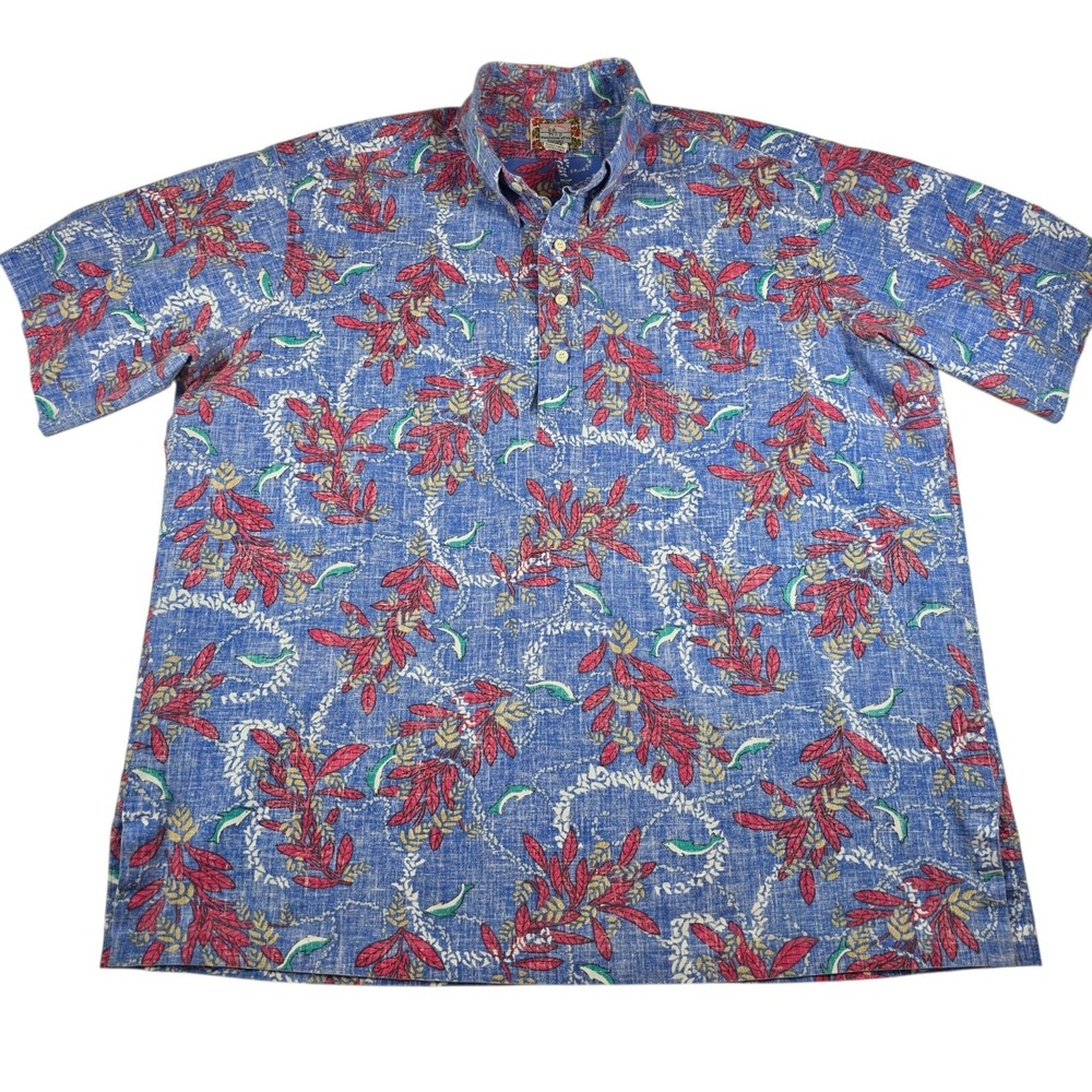 VTG Reyn Spooner Dolphin Floral Blue Reverse Print 90s Hawaiian Shirt Men's XXL